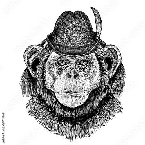 Monkey wearing traditional bavarian tirol hat. Oktoberfest.