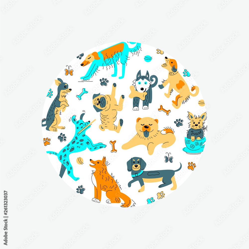 Fototapeta premium Circle shape with hand drawn sketch style dogs. Flat and line style vector illustration isolated on background.
