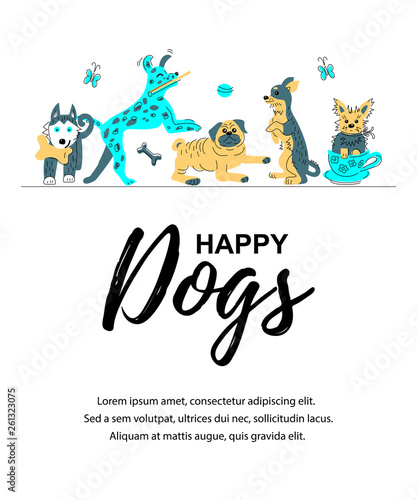 Fototapeta Naklejka Na Ścianę i Meble -  Vector illustration with hand drawn sketch style cute doggies. Place for  text. Banner for pet shop, invitation, dog cafe, show, grooming, flyers.