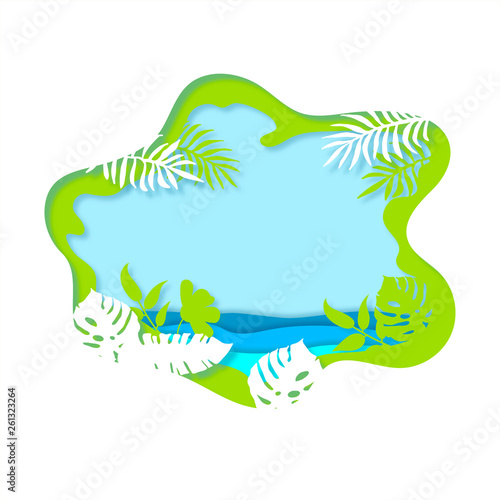 Summertime background with tropical leaves and sea. Paper cut layer and craft style vector illustration. Place for text. Template for party invitation, flyer, poster, banner. Travel, vacation concept.