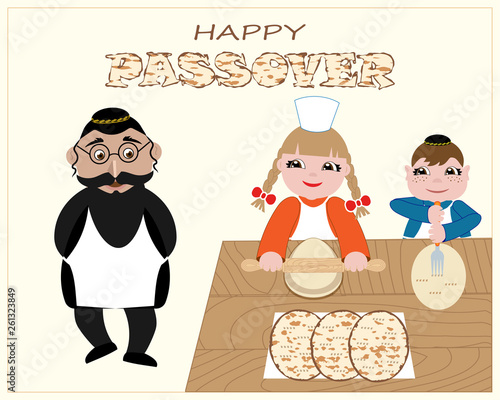Jewish children backe traditional Jewish matzo bread for Jewish holiday Passover