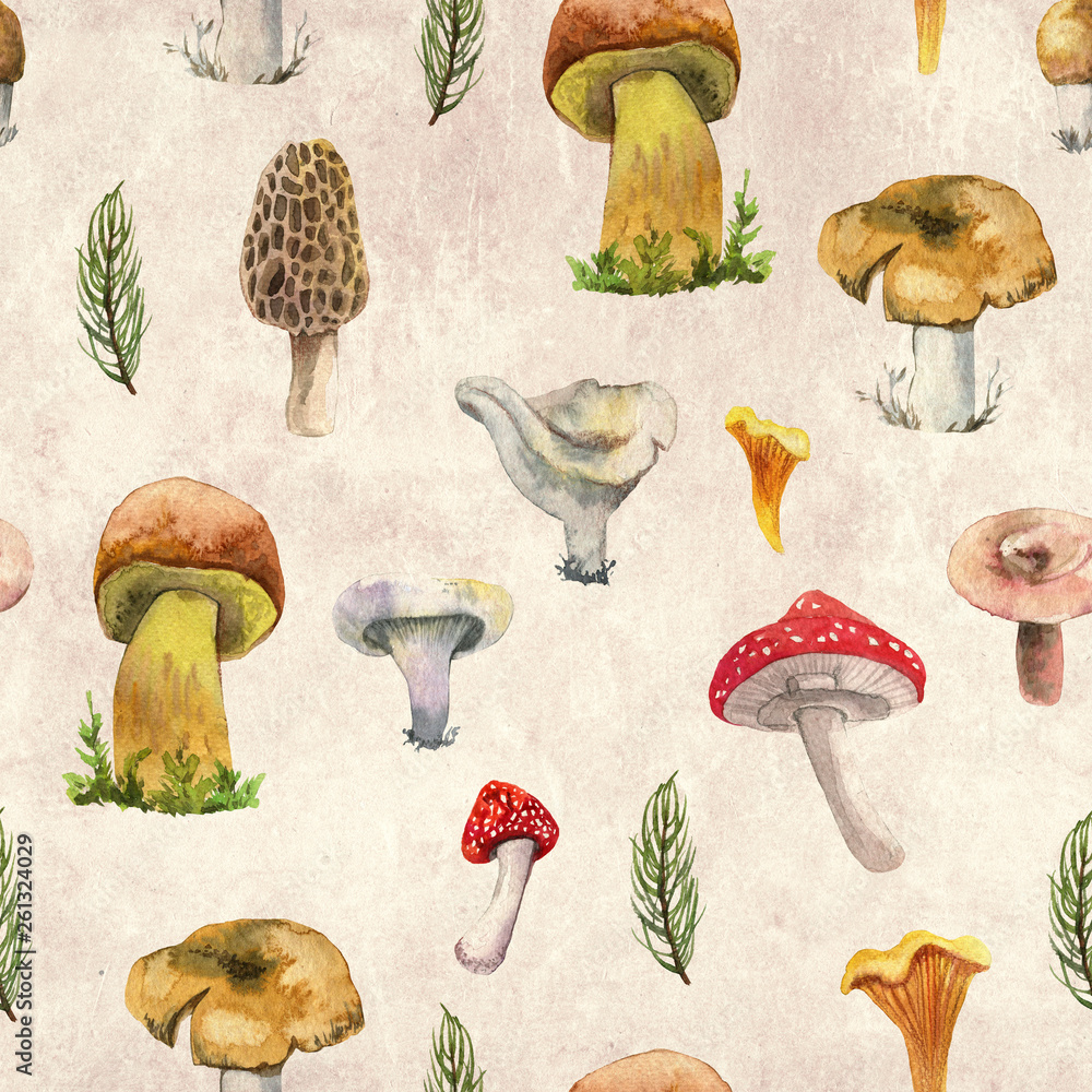Naklejka Forest mashrooms watercolor pattern for wrapping Seamless pattern different mashrooms.