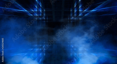 Dark blue foggy tunnel, corridor. Abstract blue background with rays and lines. Empty stage, night view. 3D illustration. © MiaStendal