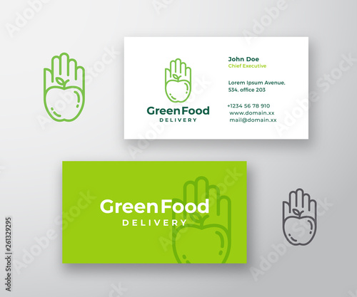 Green Food Delivery Abstract Vector Sign or Logo and Business Card Template. Premium Stationary Realistic Mock Up. Apple in a Hand or a Palm Emblem Concept with Modern Typography