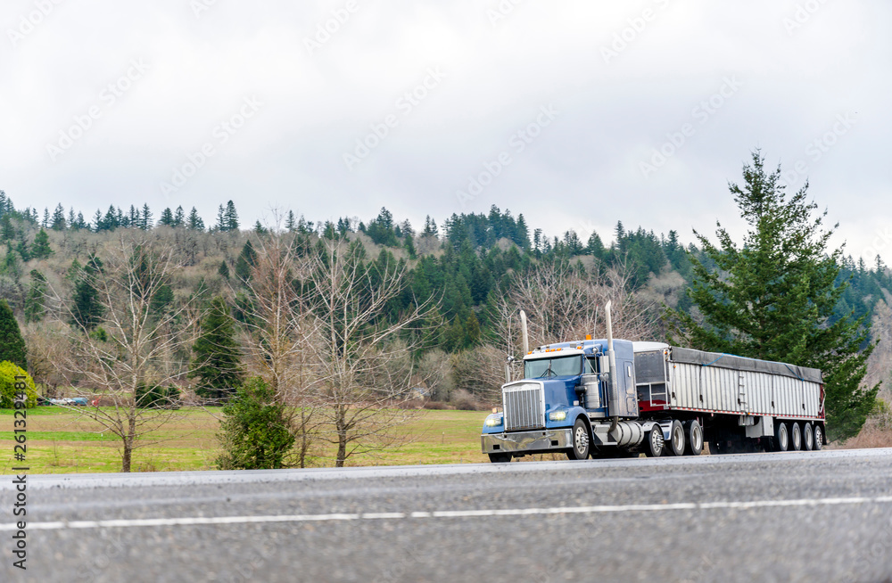 Blue big rig American classic semi truck transporting cargo in covered bulk semi trailer driving on the flat road