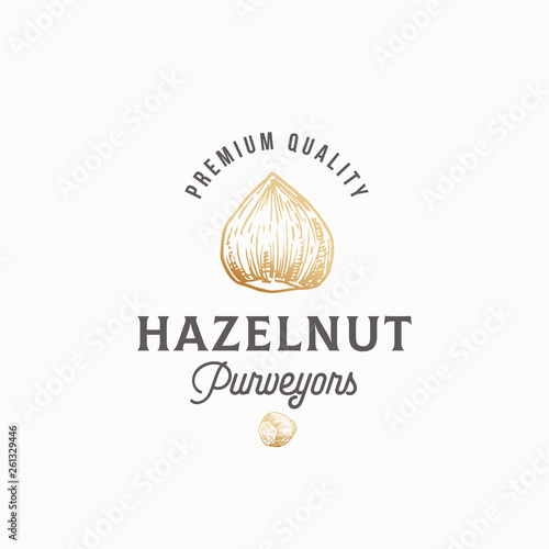 Hazelnut Purveyors Abstract Vector Sign, Symbol or Logo Template. Hand Drawn Sketch Hazel Nuts Sillhouettes with Retro Typography. Vintage Luxury Emblem.