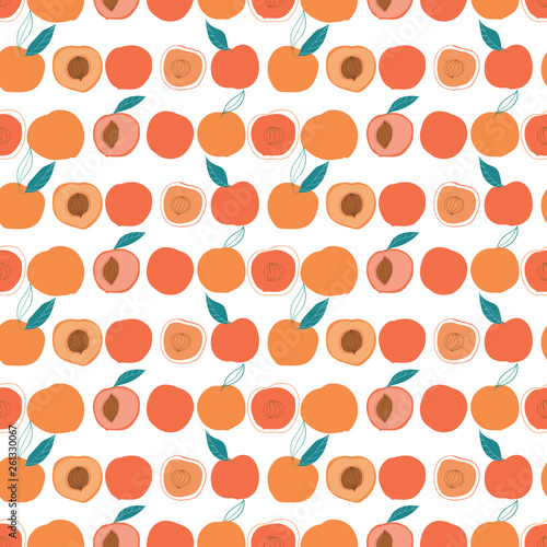 Vector colorful tasty trendy peaches seamless pattern on isolated background. Use for fabric collections, surface pattern designs, print on demand products. Perfect for textile design and prints.