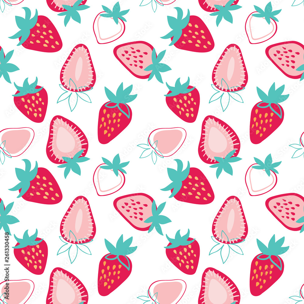 Vector colorful tasty trendy ripe strawberries seamless pattern on white background. Use for fabric collections, surface pattern designs, print on demand products. Perfect for textile design and print