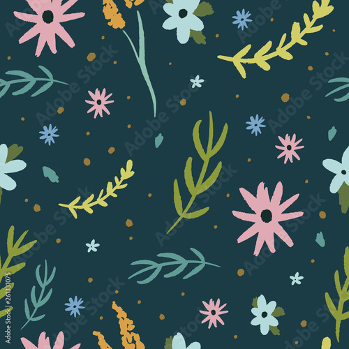 Beauty floral pattern vector image  clip art. Adorable wildflowers on dark background. Hand draw texture