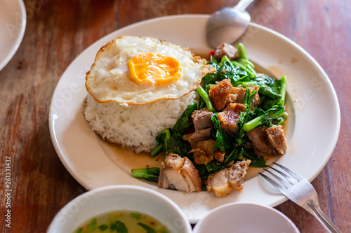 Fried rice with basil, pork, fried egg, Thai food recipe (Fanta restaurant in Laos)