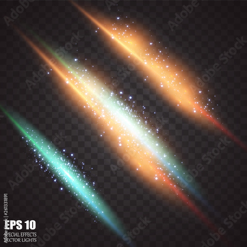 Glow light effect. Vector illustration. Christmas flash Concept. Vector illustration of abstract flare light rays. Sunrise, dawn. Vector transparent sunlight. Special lens flare light effect