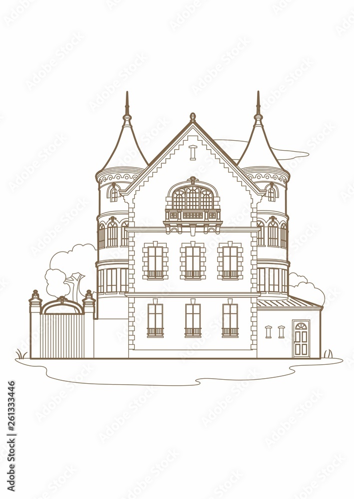 Brown drawing of a mansion