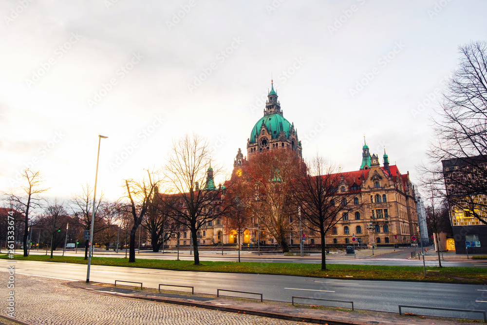The New Town Hall in Hanover, Germany at sunrise. Morning view