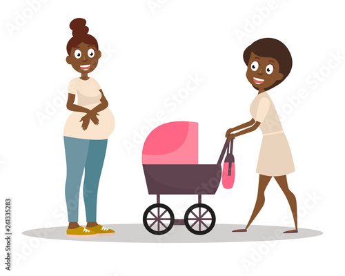 Group of women. Mom pushing her baby in a stroller. Dark-skinned pregnant woman on the walk. Vector Illustration Baby care concept.