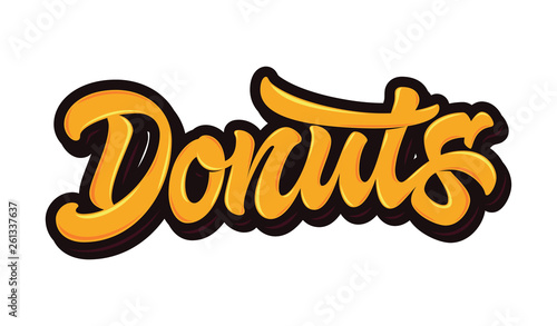 Donuts. Vector lettering in bright orange color with glare and outline isolated on white background. Concept for logo, card, typography, poster, print. 