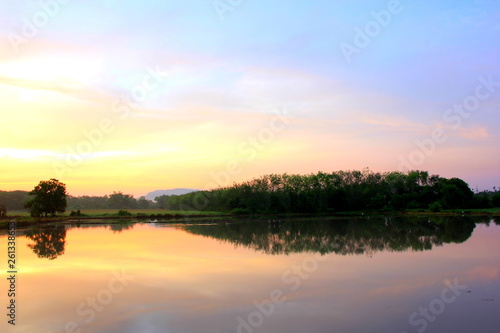  Landscape with river and beautiful sky Twilight on sunrise.Beautiful reflection on the water surface in the morning.