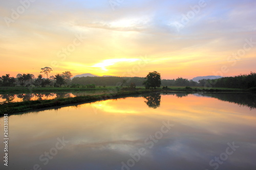  Landscape with river and beautiful sky Twilight on sunrise.Beautiful reflection on the water surface in the morning.