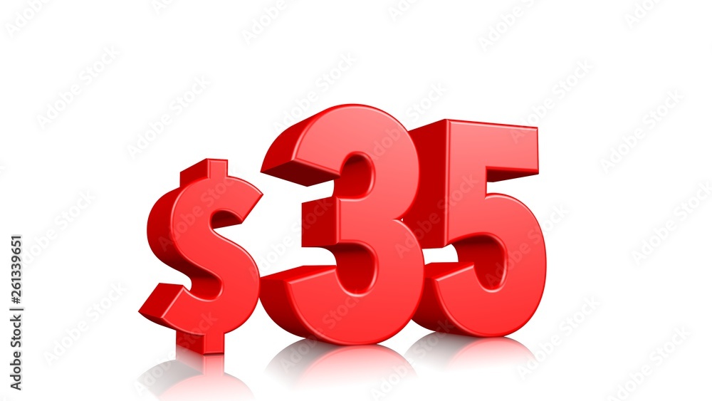 35$ price symbol. red text 3d render with dollar sign on white background 35$ price symbol. red text 3d render with dollar sign on white background