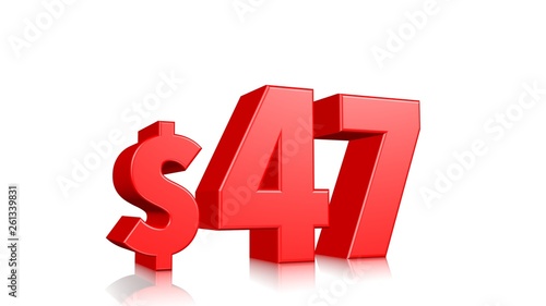 47$ price symbol. red text 3d render with dollar sign on white background