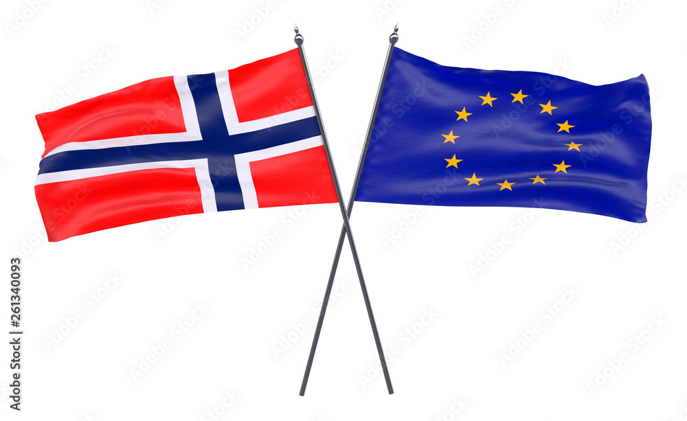 Norway and European Union, two crossed flags isolated on white background. 3d image