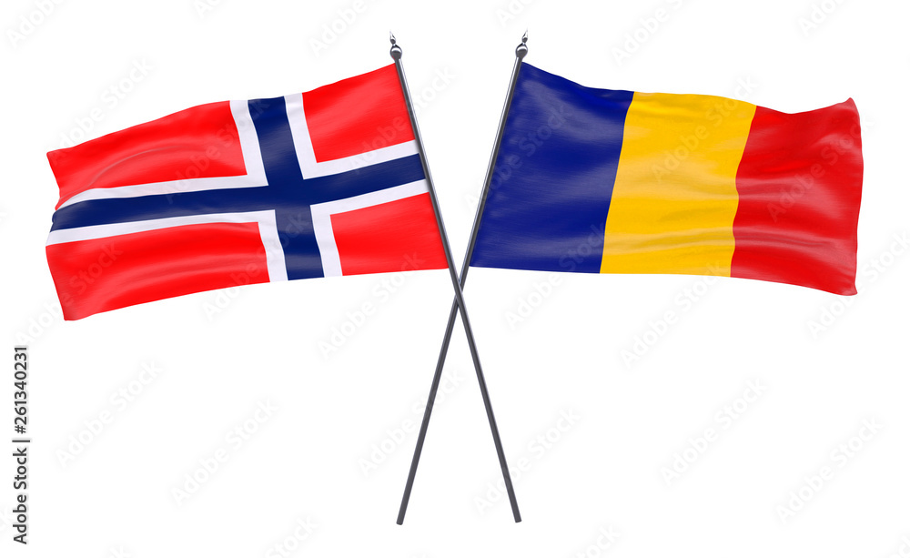 Norway and Romania, two crossed flags isolated on white background. 3d image