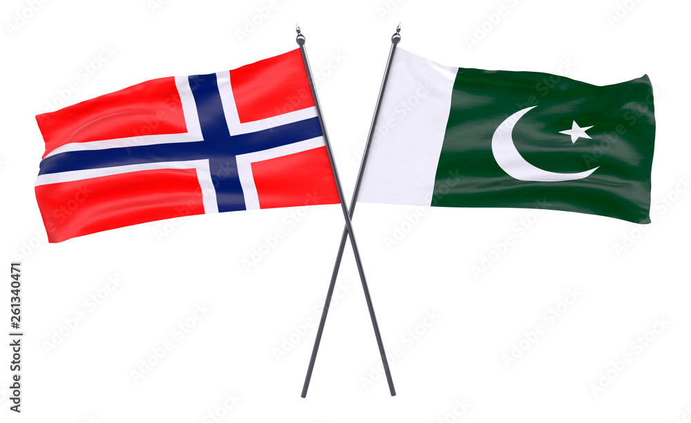 Norway and Pakistan, two crossed flags isolated on white background. 3d image