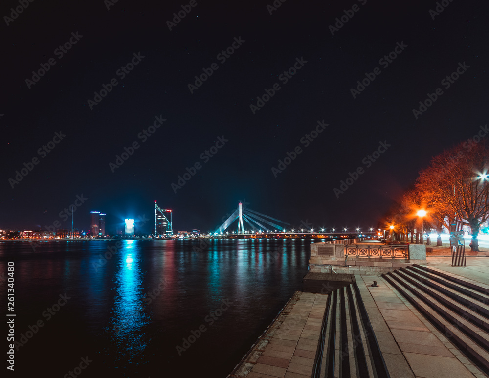 Daugava At Night, Riga, Vanšu Bridge Daugava At Night, Riga, Vanšu Bridge