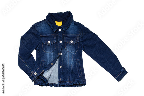 Kids jeans jacket isolated. A stylish fashionable denim dark blue jacket with a light blue lining for the little girl. Children jeans fashion. © Olga