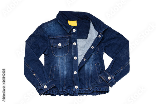 Kids jeans jacket isolated. A stylish fashionable denim dark blue jacket with a light blue lining for the little girl. Children jeans fashion.
