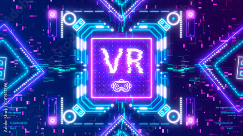Virtual reality symbol on neon digital background. VR technology sign