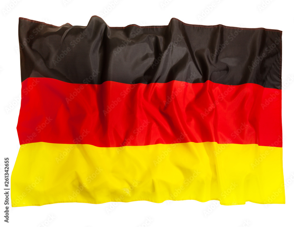 Naklejka premium Ruffled Germany flag of silk, isolated on white