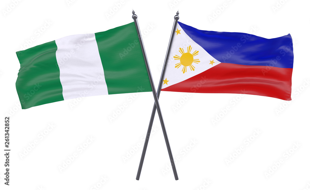 Nigeria and Philippines, two crossed flags isolated on white background. 3d image Nigeria and Philippines, two crossed flags isolated on white background. 3d image