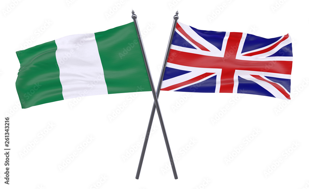Nigeria and United Kingdom, two crossed flags isolated on white background. 3d image