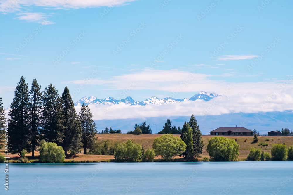 Wide angle shot of Lake Ruataniwha, South Island, New Zealand on a beautiful summer day.
