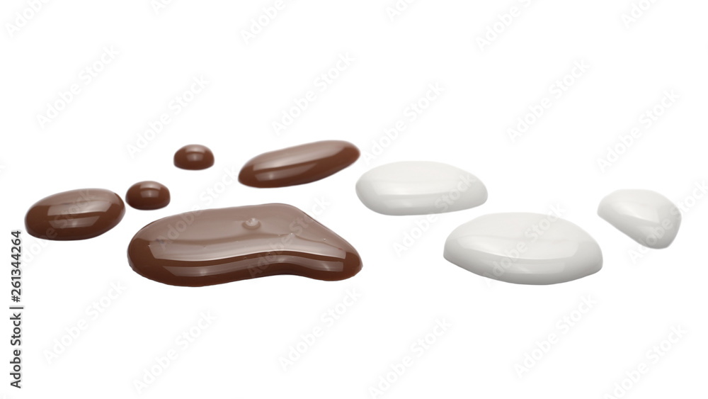 Spilled chocolate milk puddle isolated on white background and texture, clipping path Spilled chocolate milk puddle isolated on white background and texture, clipping path