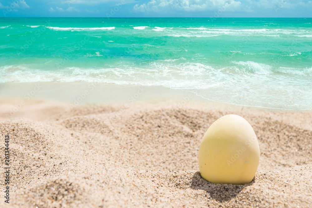 Happy easter lettering background with eggs on the sandy beach Happy easter lettering background with eggs on the sandy beach
