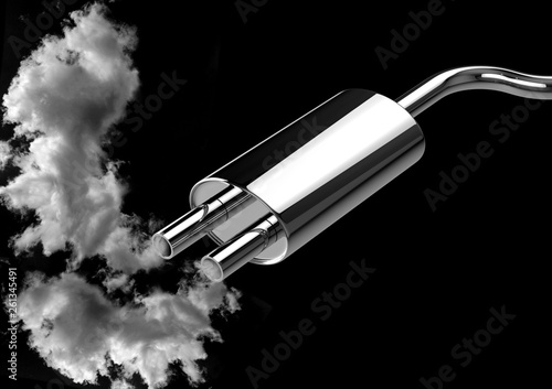 car pipe exhaust fumes and smoke isolated over black background. Concept of pollution of the environment caused by automobiles