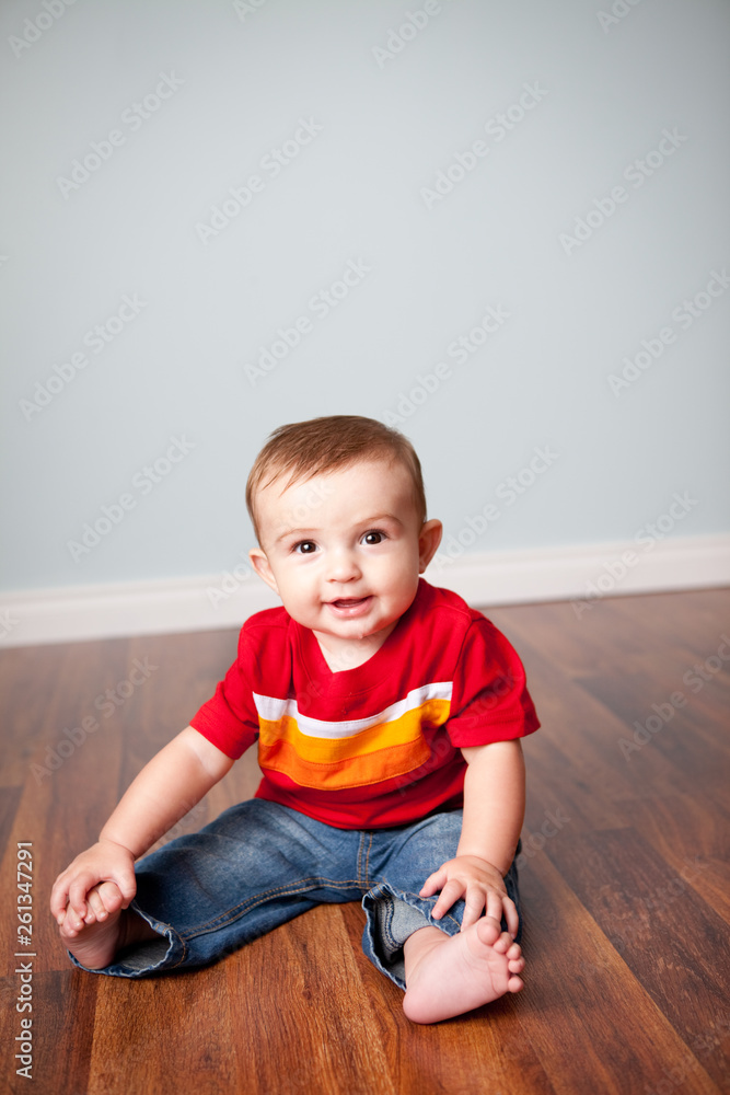 Happy Baby Boy Sitting on Wood Floor in Home - Color Portrait Happy Baby Boy Sitting on Wood Floor in Home - Color Portrait
