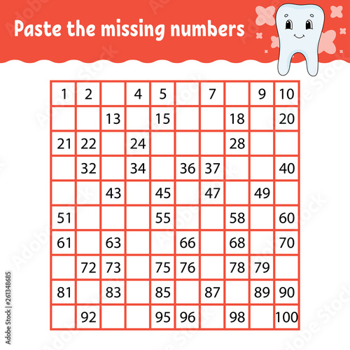 Paste the missing numbers. Handwriting practice. Learning numbers for kids. Education developing worksheet. Activity page. Game for children. Isolated vector illustration in cute cartoon style.