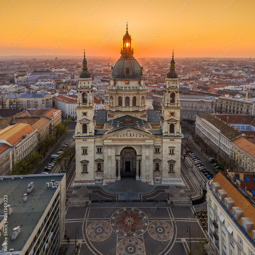 Budapest, Hungary - Aerial view of famous St. Stephen's Basilica in the morning with golden rising sun at behind