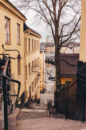 Steep stairs down to the shore of the river in the old part of Stockholm Sweden