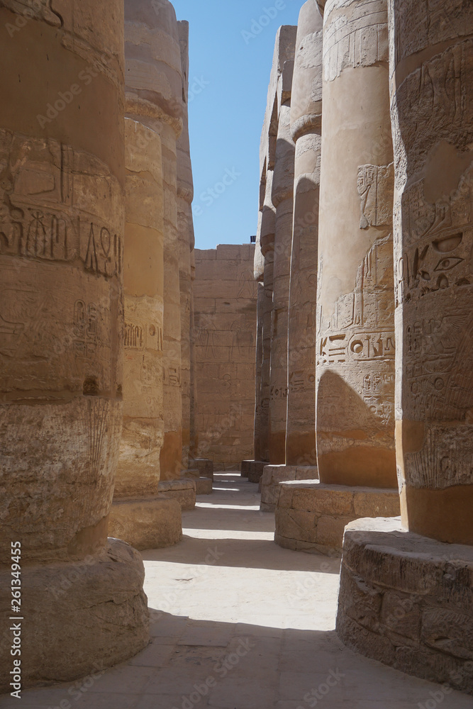 Luxor, Egypt: Columns covered with hieroglyphs at the Temple of Amun at the Karnak Temple complex.