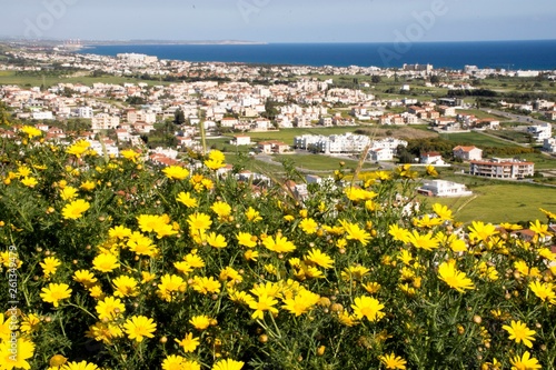Landscape from a hill looking Voroklini village in Cyprus and blue sky