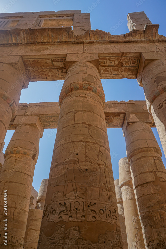 Luxor, Egypt: Columns covered with hieroglyphs at the Temple of Amun at the Karnak Temple complex.