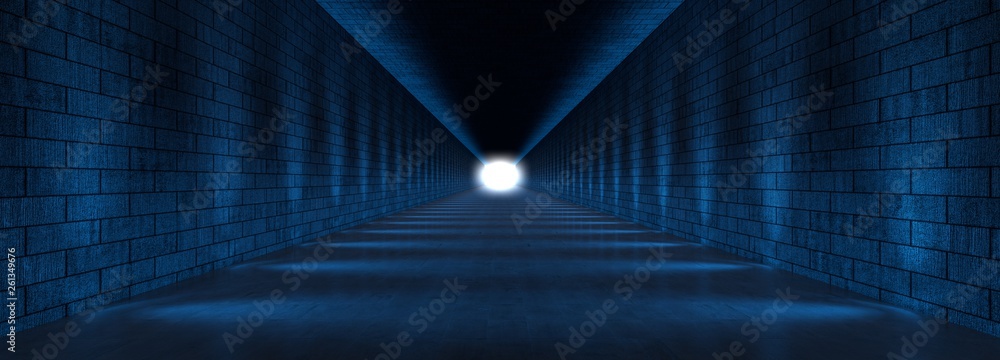 Naklejka premium 3d rendering ciemny tunel z błękitnymi światłami i odbiciem