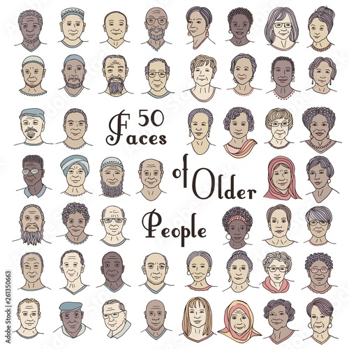 Set of fifty hand drawn faces of older people, diverse portraits of women and men 50+, senior citizens of different ethnicities