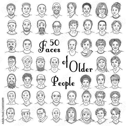 Set of fifty hand drawn faces of older people, diverse portraits of women and men 50+, senior citizens of different ethnicities