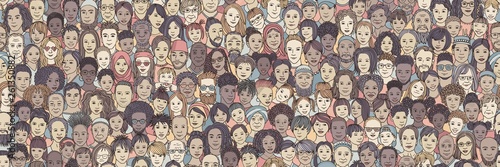 Diverse crowd of people: kids, teens, adults and seniors - seamless banner of hand drawn faces of various age groups and ethnicities