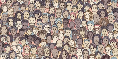 Diverse crowd of people: kids, teens, adults and seniors - seamless banner of hand drawn faces of various age groups and ethnicities