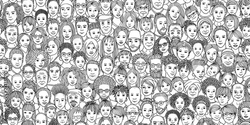 Diverse crowd of people: kids, teens, adults and seniors - seamless banner of hand drawn faces of various age groups and ethnicities